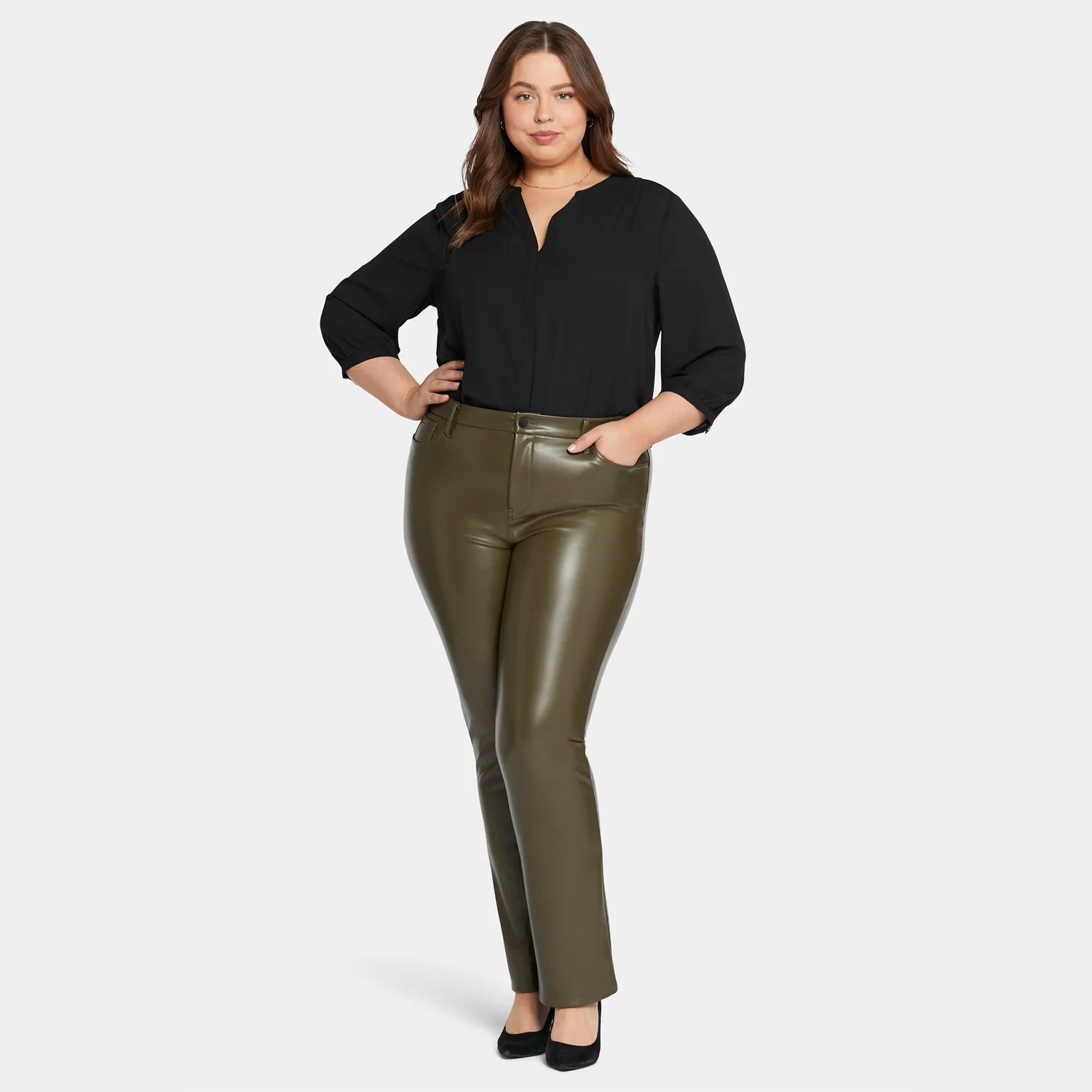 Faux Leather Marilyn Straight Pants In Plus Size - Ripe Olive - Image 7